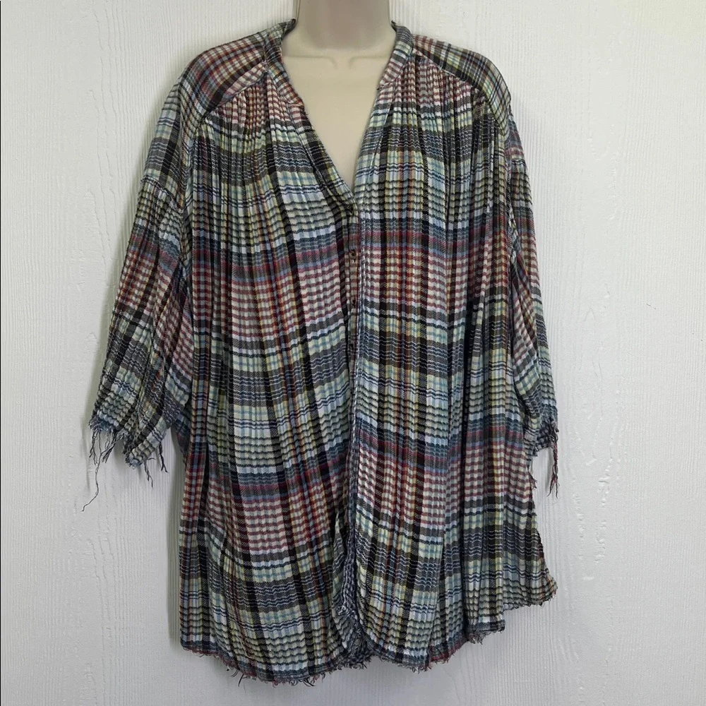 Free People - Boho Cottage Plaid Colorful Button Down Oversized Blouse Size Med - Picture 3 of 11